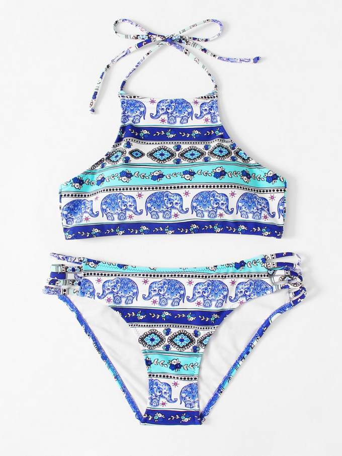 Elephant Print High Neck Bikini Set