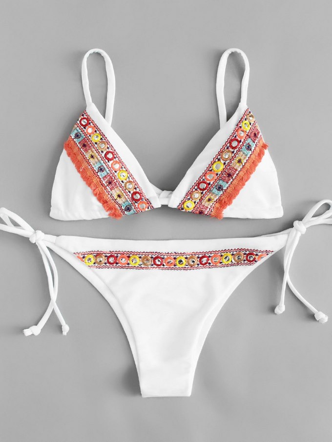 Embroidered Tie Side Bikini Set