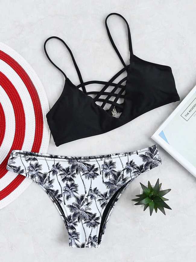 Palm Tree Print Crisscross Bikini Set