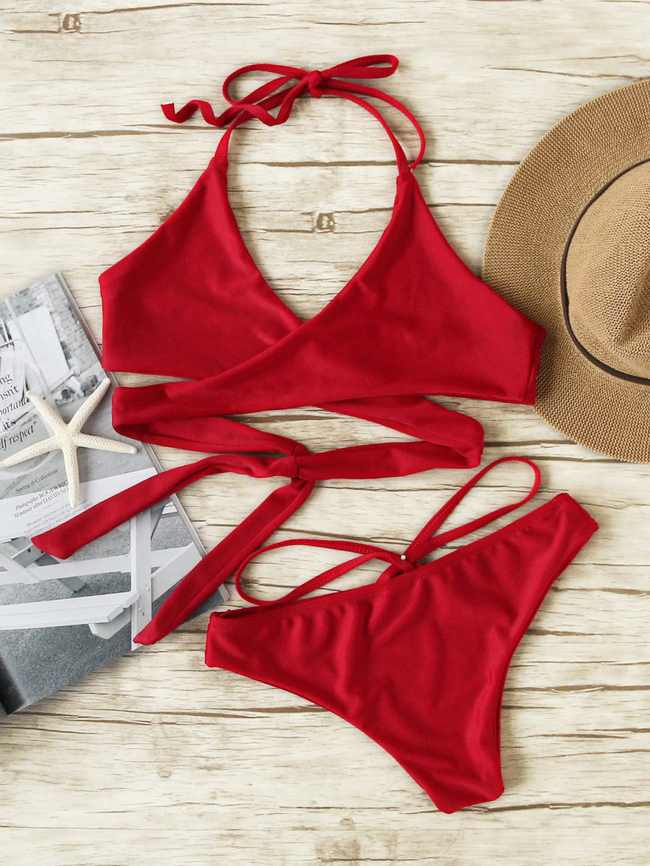 Burgundy Cross Front Halter Sexy Bikini Set