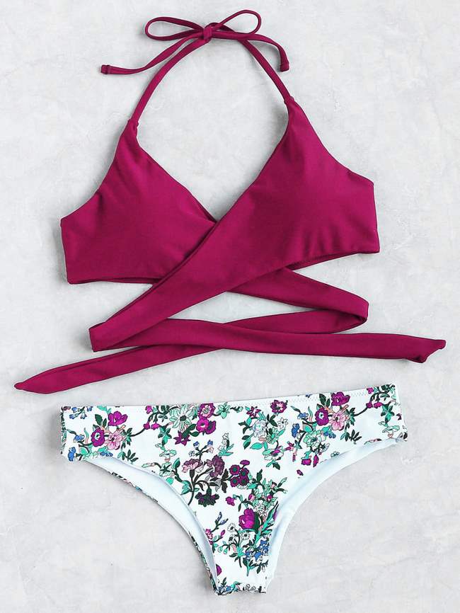 Floral Halter Wrap Knotted Back Bikini Set