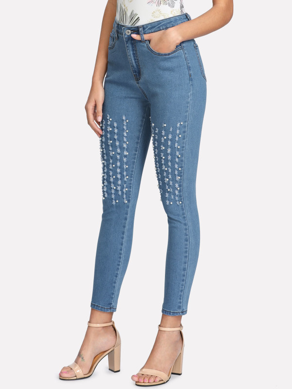 SHEIN Pearl Embellished Ripped Detail Jeans